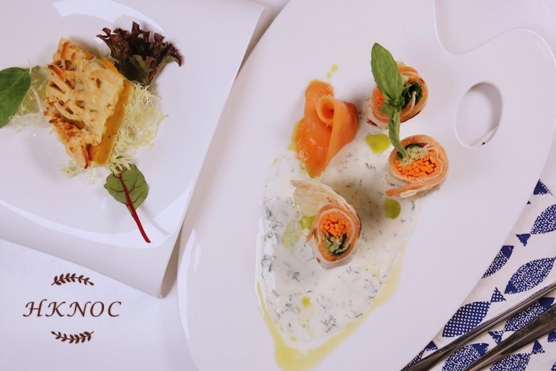 法國傳統名菜:法式煙肉南瓜撻 + 煙三文魚卷配香草青檸忌廉醬