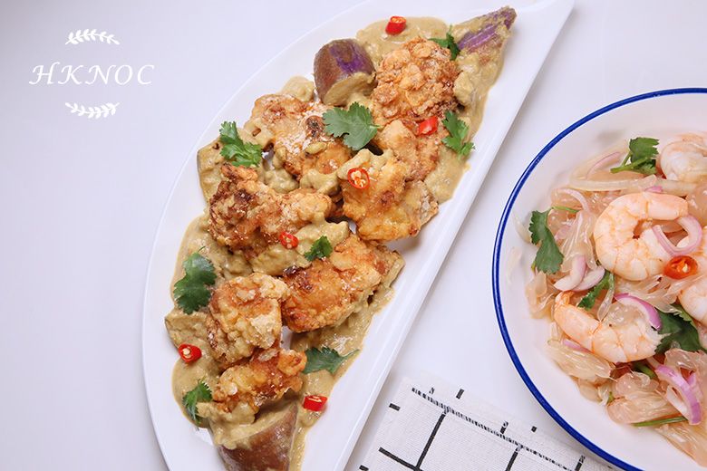 家常菜:大蝦柚子沙律+自家製青咖哩配香酥炸雞+芒果糯米飯