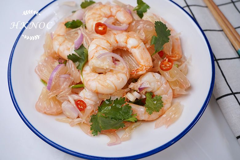 家常菜:大蝦柚子沙律+自家製青咖哩配香酥炸雞+芒果糯米飯