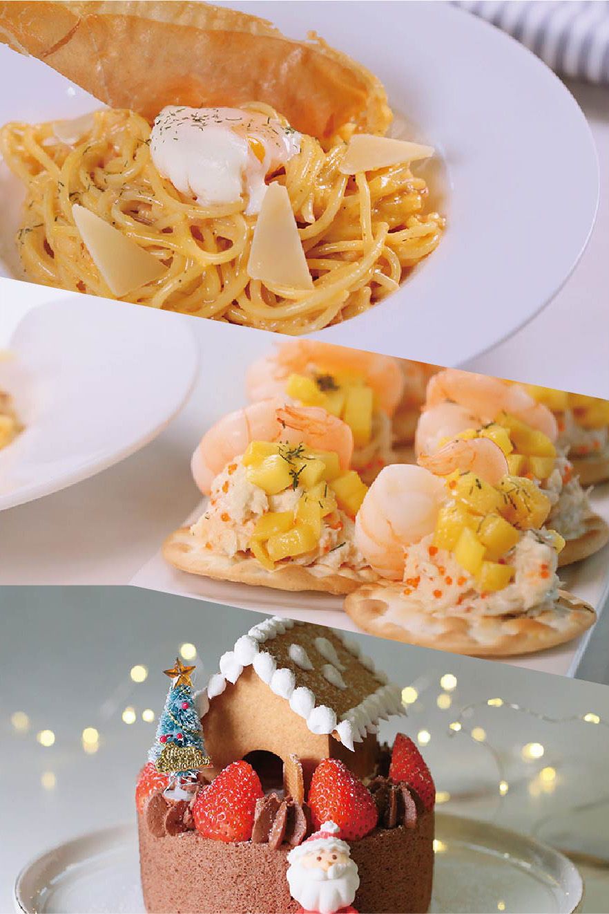 全日制B班:(煙三文魚酸忌廉水餅 + 傳統卡邦尼意粉 + 冬日小屋蛋糕)