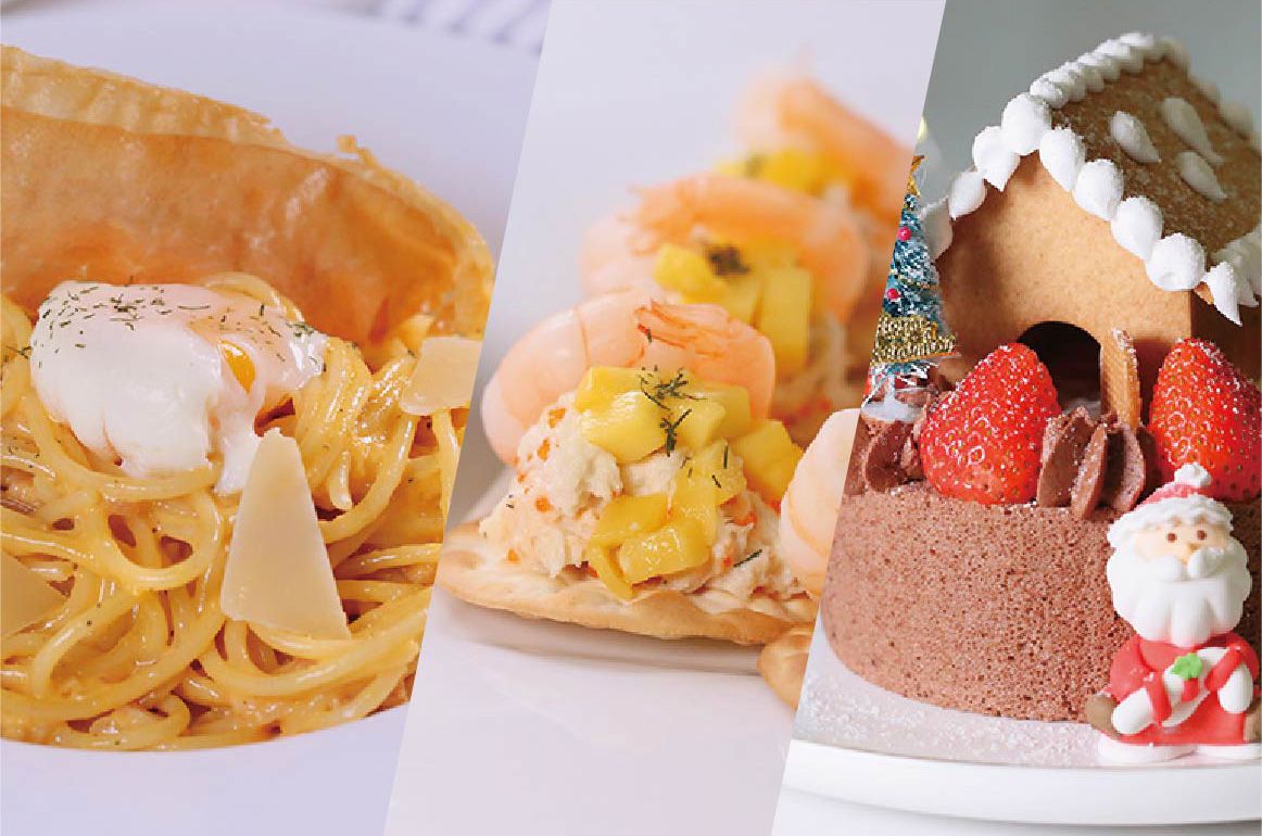 全日制B班:(煙三文魚酸忌廉水餅 + 傳統卡邦尼意粉 + 冬日小屋蛋糕)