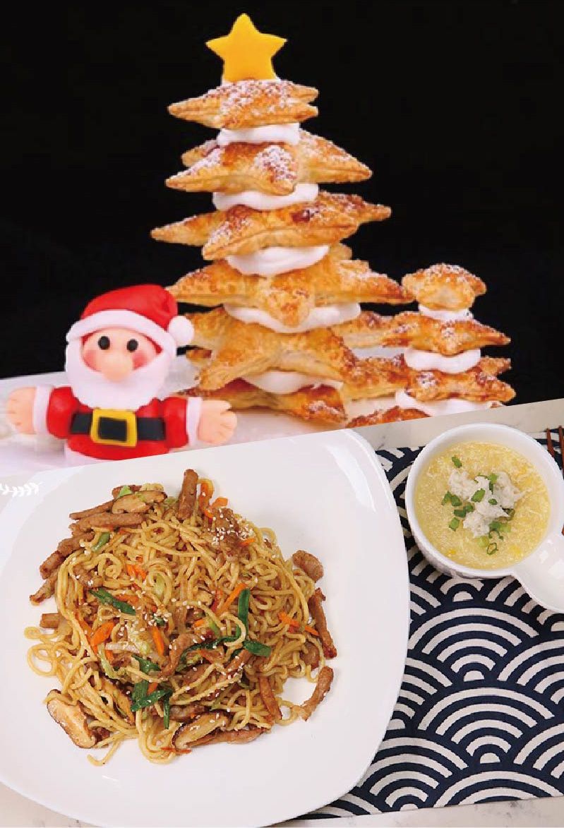 全日制E班:(蟹肉粟米羹+肉絲香菇炒拉麵+聖誕樹造型奶油酥皮配翻糖皮聖誕老人裝飾)