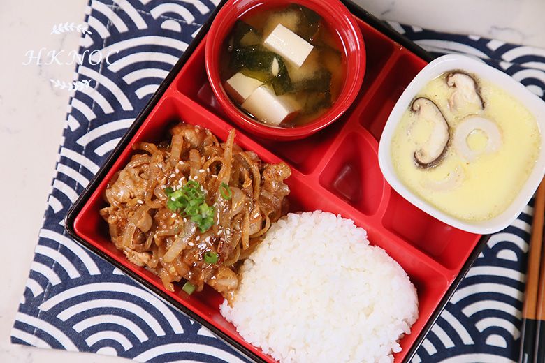 全日制F班:(茶碗蒸蛋配麵豉湯 + 醬汁香蔥炒肉片便當盒 + 益力多芝士蛋糕)