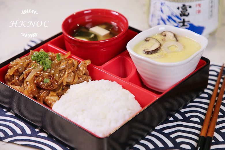 全日制F班:(茶碗蒸蛋配麵豉湯 + 醬汁香蔥炒肉片便當盒 + 益力多芝士蛋糕)