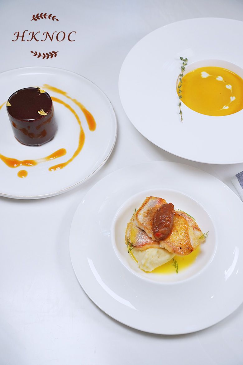 全日制C班 法餐:(法式南瓜濃湯+脆皮香煎鯛魚番茄甜酸醬配焗薯+路易十五蛋糕)